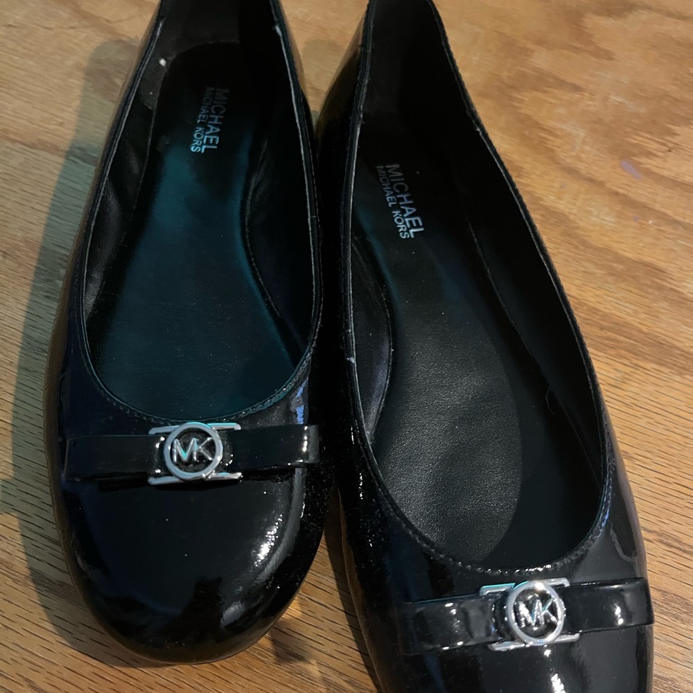 Michael Kors Black Patent Flats with Silver Logo
